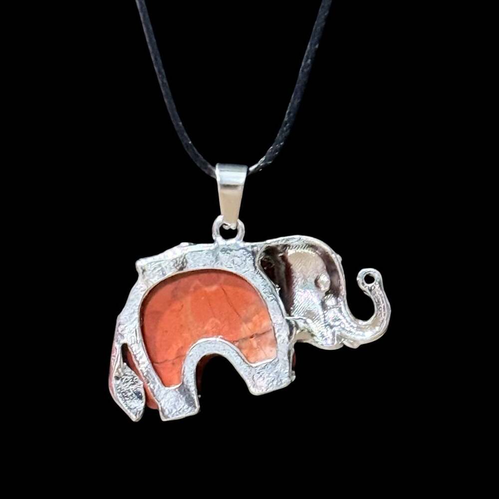 Red Jasper Traveling Elephant Pendant Black Cord Necklace - Picture 2 of 4